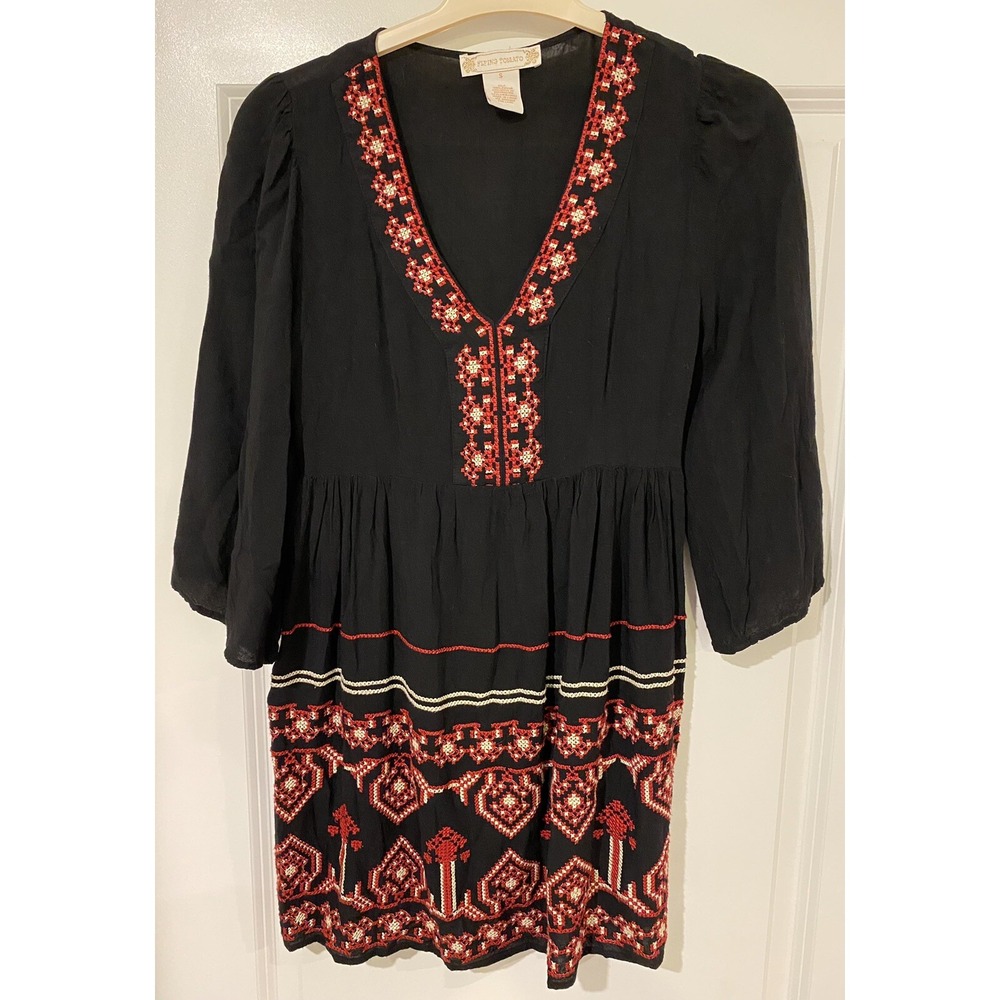 Flying Tomato Dress Womens Small Black Embroidered Boho Casual Artsy Geometric S